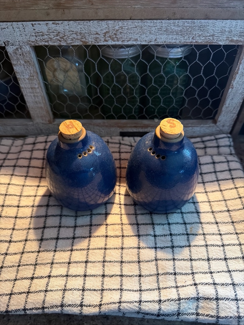 Vtg Edith Heath  Blue Ceramic Salt and Pepper Shaker Set with original  Corks